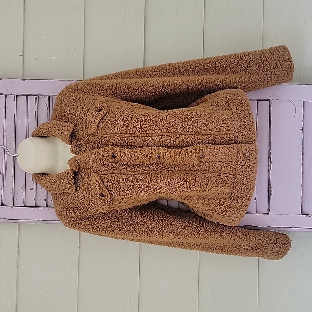 💗 NATURAL REFLECTIONS Sherpa Fleece Teddy Button Up Denim Style Jacket Camel M